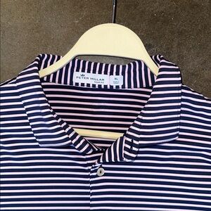 Peter Millar Tour Fit Golf Polo Shirt Men Size XL Blue and Pink Striped USED